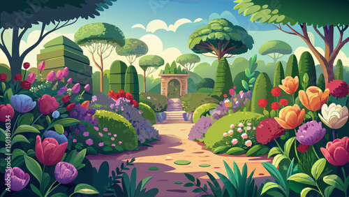 Lush garden space alive with blooming flowers and the gentle rustle of leaves