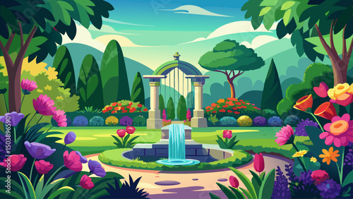 Peaceful garden oasis where vivid flowers and fresh greenery create perfect harmony