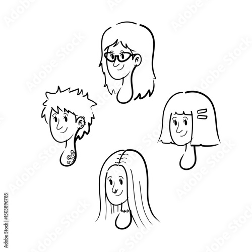 Cartoon portraits of four diverse women in outline