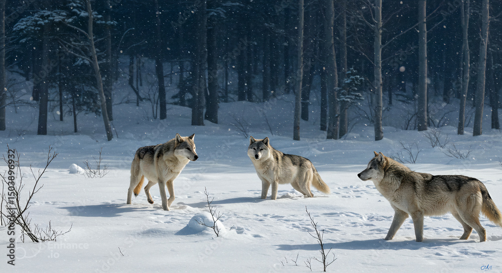 Fototapeta premium A Pack of Wolves Trek Through Snow in a Winter Forest, Their Silhouettes Casting Shadows as They Move Together in Unity Through the Cold and Silent Wilderness