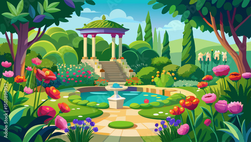 Peaceful garden oasis where vivid flowers and fresh greenery create perfect harmony