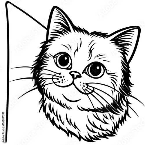 Cute fluffy kitten peeking from corner black and white illustration