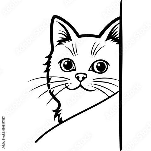 Cute cat peeking from behind corner line art