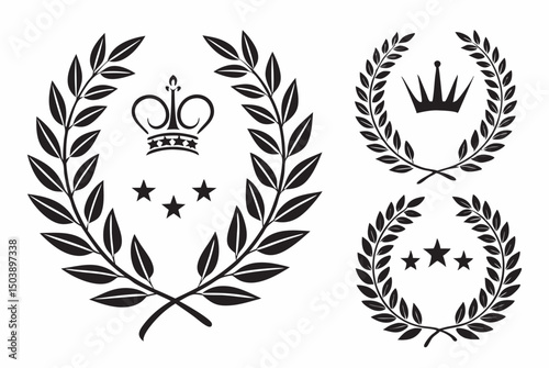 Laurel wreath set with tribal tattoo vector illustration of heraldic eagle, lion, skull, and crown emblems