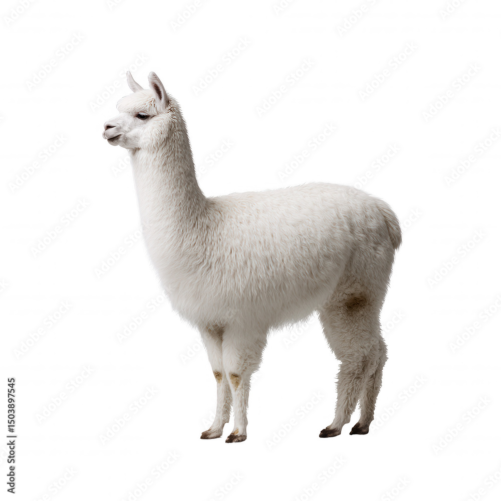 A fluffy white alpaca stands gracefully against a pristine white background, showcasing its soft wool and elegant posture in a simple yet captivating composition. A fluffy white alpaca stands gracefully against a pristine white background, showcasing its soft wool and elegant posture in a simple yet captivating composition.