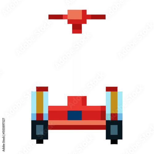 Pixel art of a red segway, transport with colorful wheels and sleek design