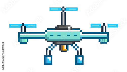 Pixel art drone hovering on a clear background