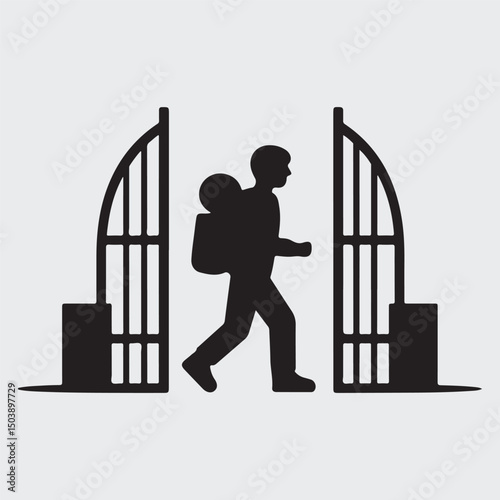 Silhouette of a person carrying a backpack walking through gates symbolizing transition