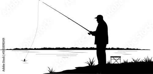 Silhouette of  elderly man fishing by the lake during sunset  