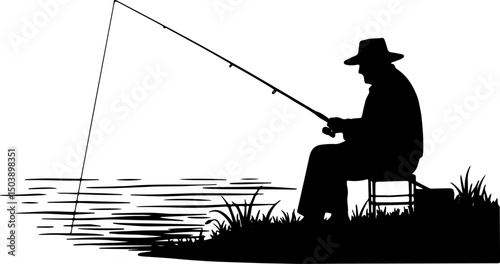 Silhouette of  elderly man fishing by the lake during sunset  