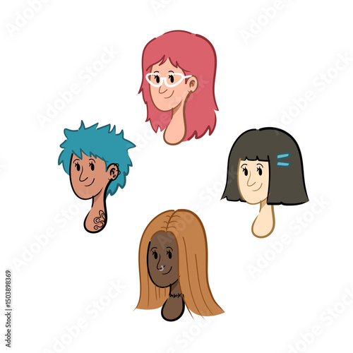 Cartoon portraits of four diverse women in colorful