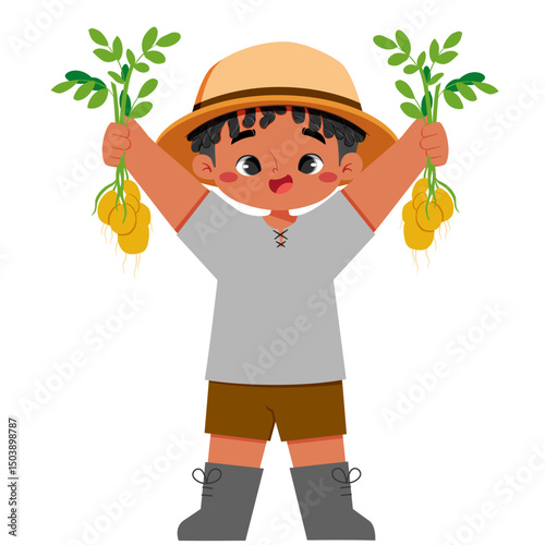 Cute african boy hold potato in both hands in farmland in harvest moon