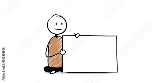 Whimsical stick figure holds a blank rectangular sign, perfect for adding your message or logo