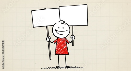 Cheerful stick figure holds two blank signs aloft with smile, standing on a graph paper background.