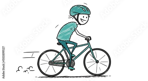 A sketch-style illustration of an individual riding a bicycle with a helmet and a cheerful