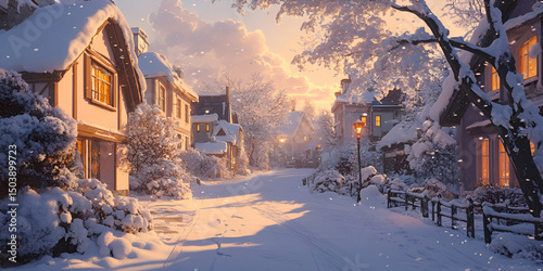 Charming Snowy Village Street at Sunset with Warm Cottage Lights
