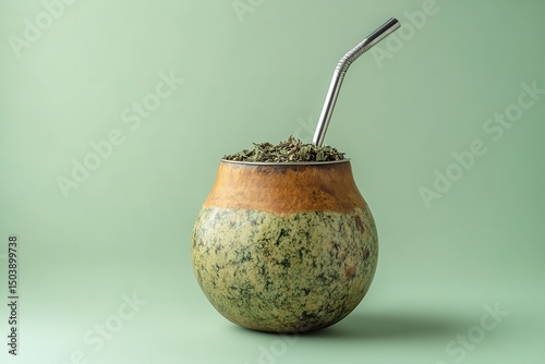 Lovely mate tea in classic calabash gourd with herbs over metal straw over pale green setting depicting herbal remedies and safe, Generative AI.