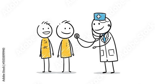 A cheerful doctor gives a checkup to two smiling patients in a cartoonish illustration.