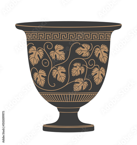Traditional Greek ancient black vase with intricate gold wine leaf pattern. Flat vector illustration isolated on transparent background, perfect for historical, art, and classical design projects