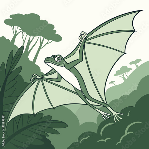 Vibrant vector illustration of Wallace’s flying frog, showcasing its green body, black webbed feet, and gliding pose in a tropical rainforest setting