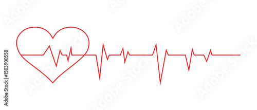 Heart beat graph in red color with love symbol. Heart pulse, heartbeat line in red. Heartbeat design vector. World heart day. Red heartbeat line graph icon on white background.