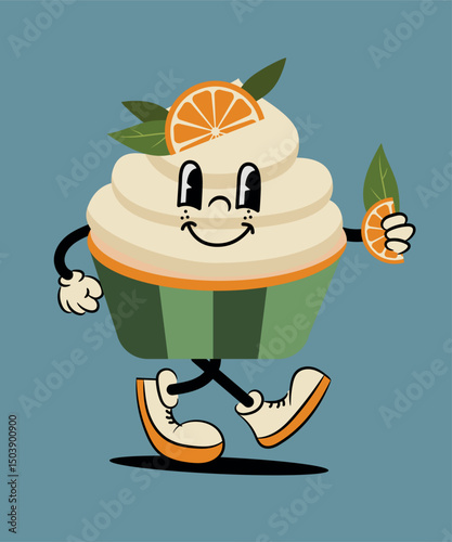 Flat Design Illustration with Character Fun Orange Cupcake