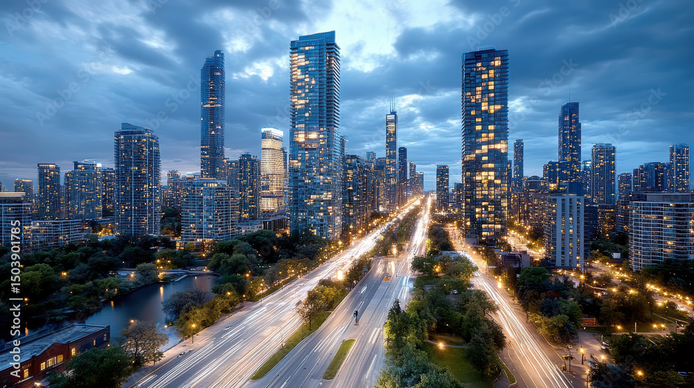 Fototapeta premium Urban skyline glowing under evening sky, showcasing vibrant city life and architecture