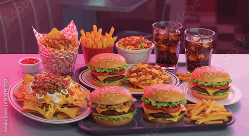 Vector of  fast food feast bursting with colour crispy fries, juicy burgers, cheesy nachos, and fizzy soda served on a neon-lit tray under glowing diner lights.	