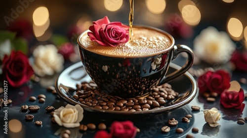Romantic coffee pouring with roses