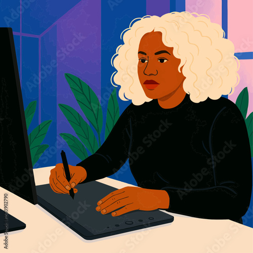 Woman using graphics tablet, illustration