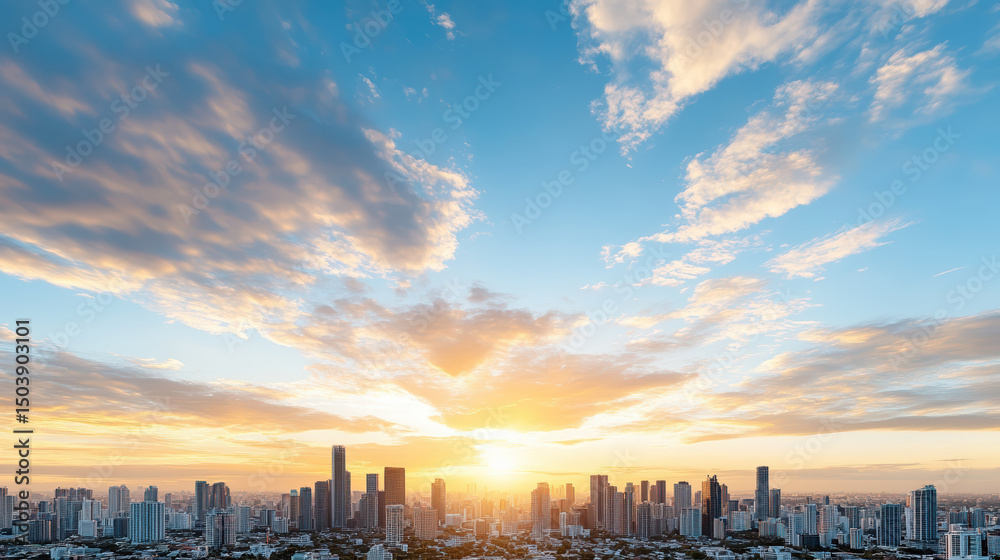Obraz premium Stunning city skyline at sunset, featuring glowing skyscrapers and vibrant clouds