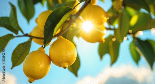 Lemons on a Tree Branch Bathed in Sunshine, Clear Blue Sky Background.