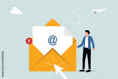 Email marketing campaign, flat cartoon laptop screen with email stream on it and incoming email flow, revenue from email campaign. Vector illustration.