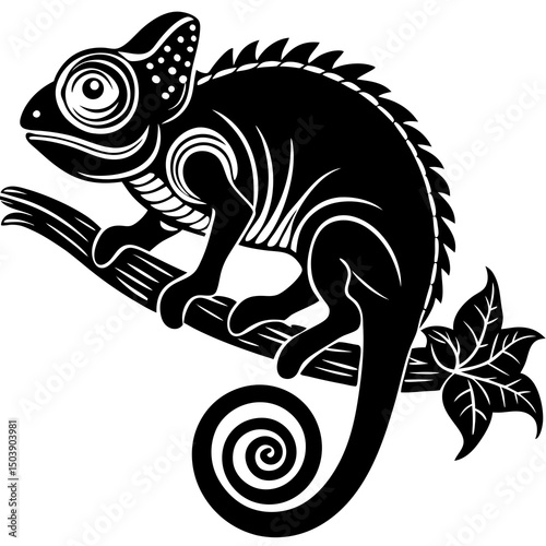 Stylized chameleon on branch black and white illustration
