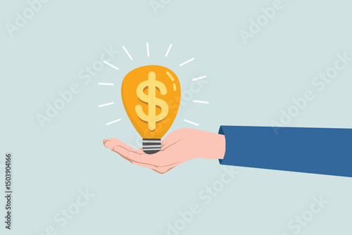 Businessman's hand holding a brightly lit dollar light bulb idea. Enlightening money ideas, high profit investment and savings, business ideas to make money or profit.