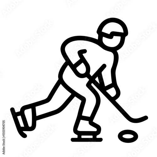 Simple Outline Hockey Player with Stick and Puck Line Art Icon