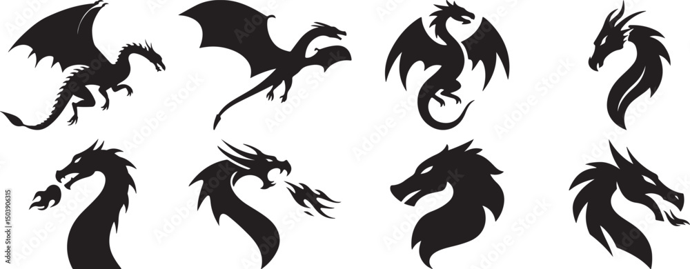 Naklejka premium Dragon Silhouette Vector Set – Mythical Fire-Breathing Creature Icons in Black