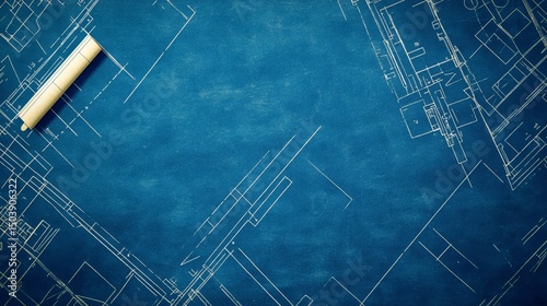 Architectural blueprint drawing with rolled plan over blue paper background