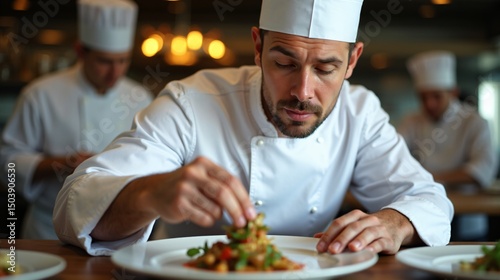 Chef meticulously plating a gourmet dish in a restaurant setting