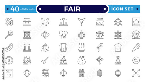 Fair icons such as fireworks, candy, balloons, cards, mole, fair, windmill vector thin icons for report, presentation, diagram, web design, mobile app. Editable stroke outline icon.
