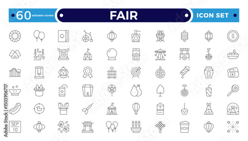 Fair icons such as fireworks, candy, balloons, cards, mole, fair, windmill vector thin icons for report, presentation, diagram, web design, mobile app. Editable stroke outline icon.
