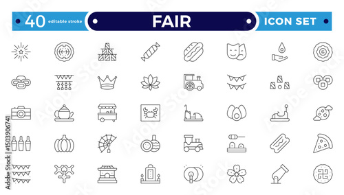 Fair icons such as fireworks, candy, balloons, cards, mole, fair, windmill vector thin icons for report, presentation, diagram, web design, mobile app. Editable stroke outline icon.
