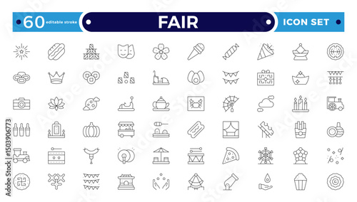 Fair icons such as fireworks, candy, balloons, cards, mole, fair, windmill vector thin icons for report, presentation, diagram, web design, mobile app. Editable stroke outline icon.
