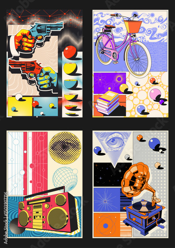 Abstract Poster Set. Handguns, Women's Bicycle, 1980s Style Cassette Stereo Recorder, 1920s Gramophone, Geometric Shapes and Abstract Dimensions