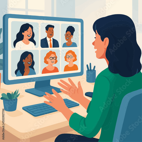Businesswoman attending team meeting through video call at office