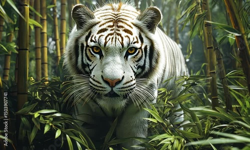 White tiger in lush green jungle