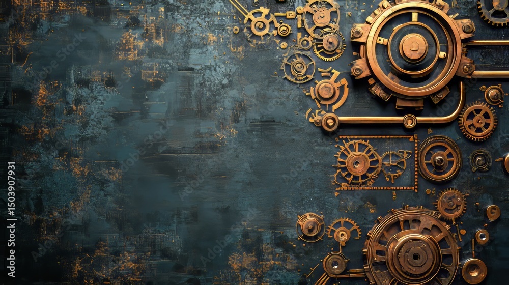 Naklejka premium Intricate gears and steampunk machinery on a dark, textured background