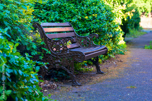 An ornate cast iron park bench is surrounded by lush green foliage along a peaceful pathway. Classic Victorian-style garden seat nestled among dense bushes and trees