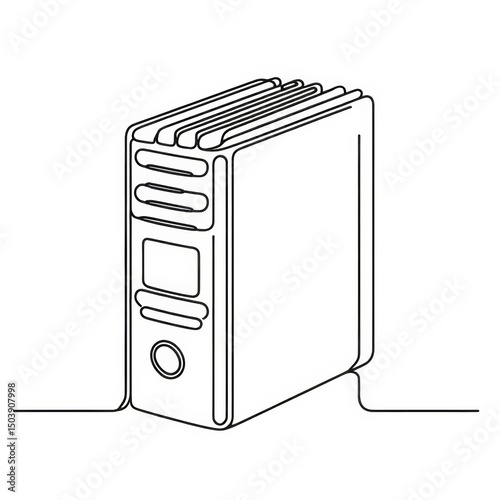 Simple line drawing of a desktop computer case with vents and buttons  