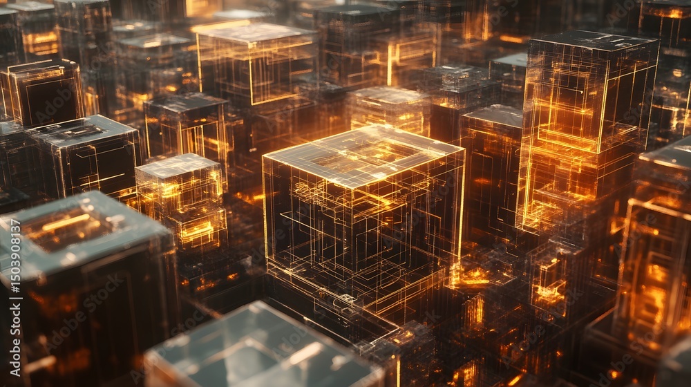 Abstract 3D rendering of glowing transparent cubes arranged in a chaotic pattern, showcasing a futuristic and high-tech environment with illuminated edges for visual interest. Abstract 3D rendering of glowing transparent cubes arranged in a chaotic pattern, showcasing a futuristic and high-tech environment with illuminated edges for visual interest.